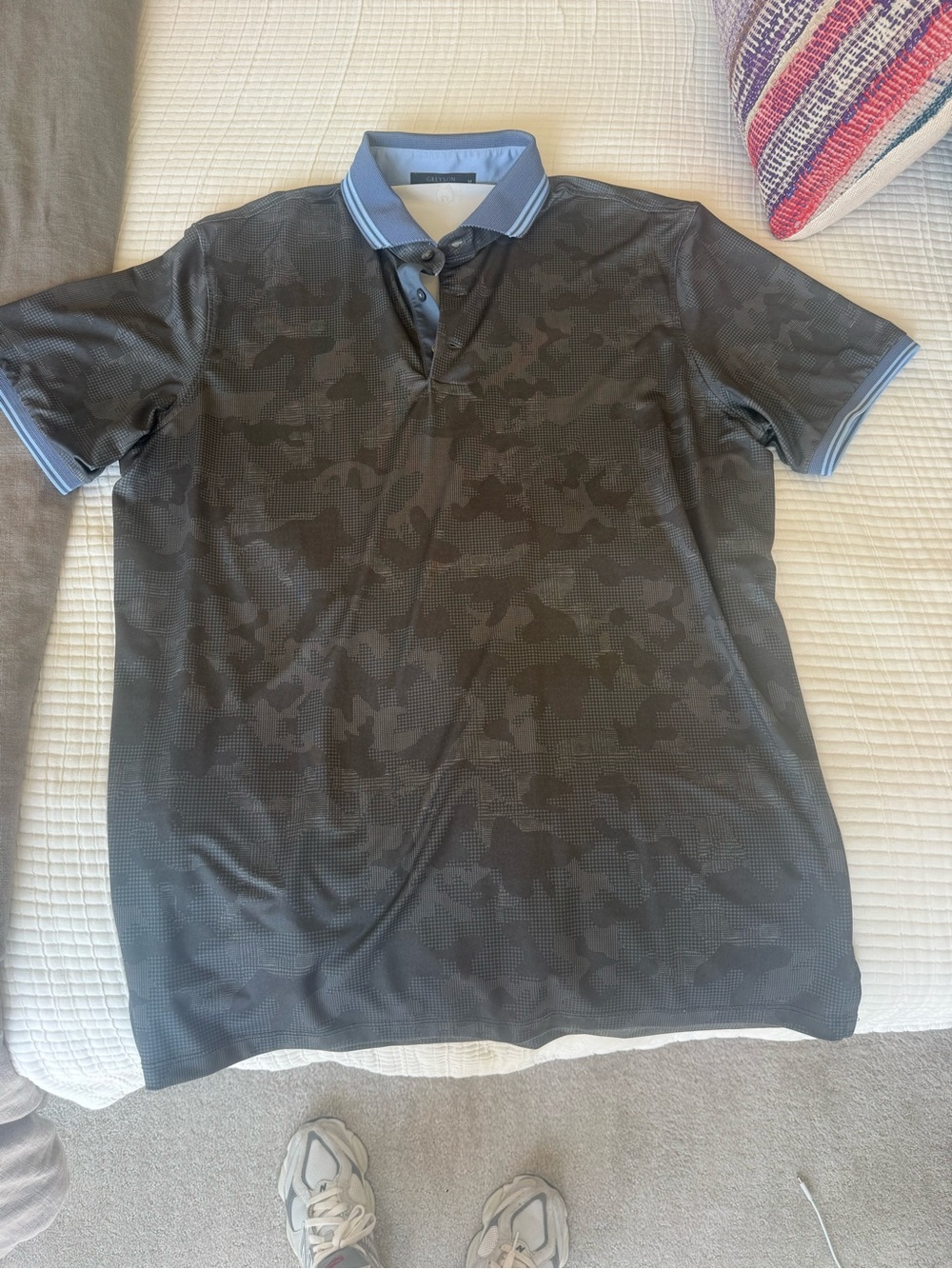 Men's Gray Camo Polo Shirt with Blue Trim